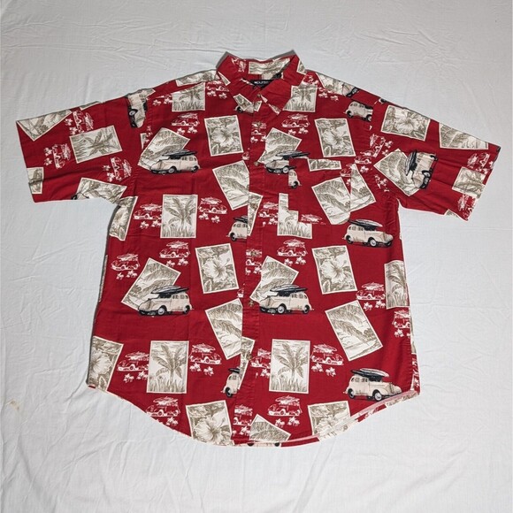 Puritan Men's Red Hawaiian Shirt Surfboards Cars Hibiscus Palm Trees Size Large - Picture 1 of 5